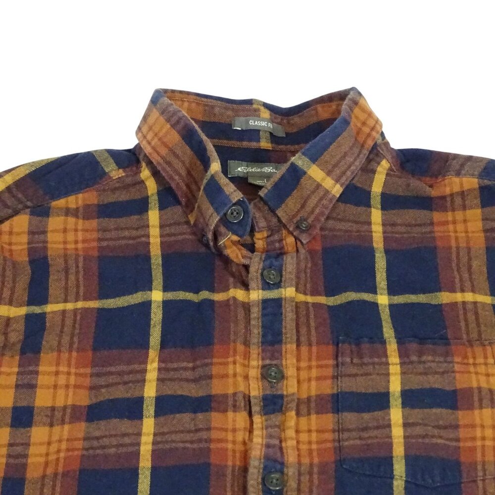 Eddie Bauer Classic Fit Flannel Plaid Button Up Shirt Orange Blue Men Size L - Picture 1 of 11